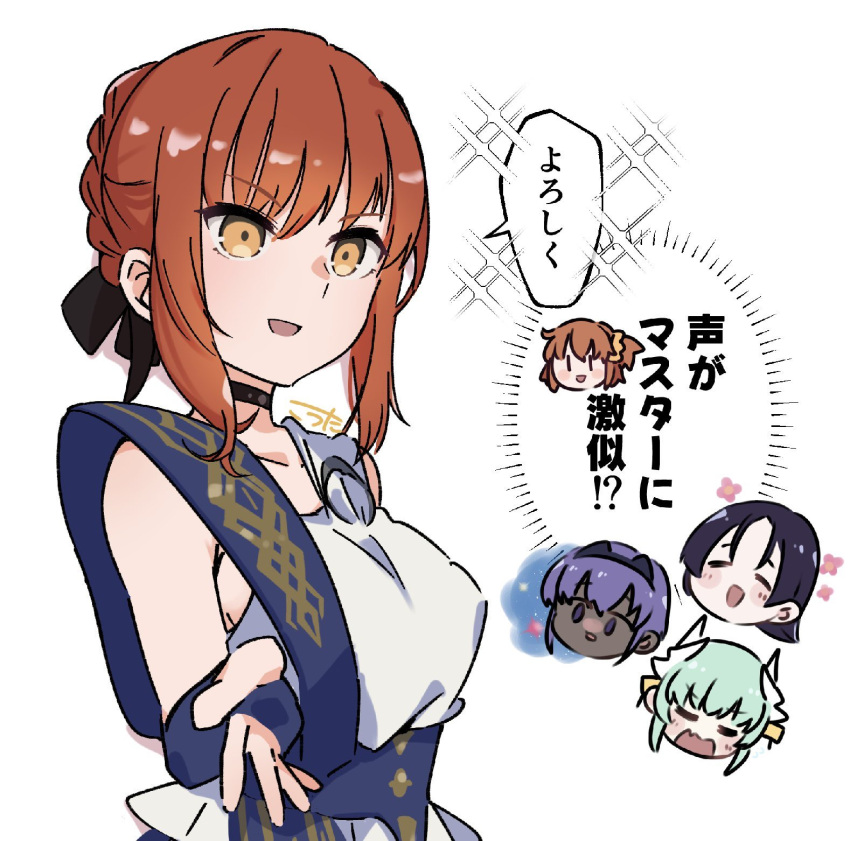 5girls, ancient_greek_clothes, black_choker, black_hair, black_ribbon, blue_gloves, blush, chibi