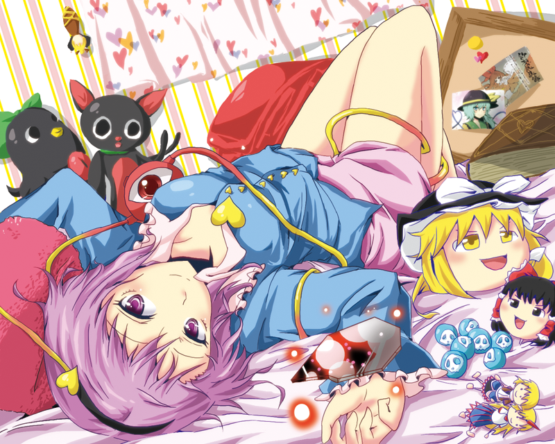 black_hair, blonde_hair, bow, casvalnini, character_doll, hair_bow, hakurei_reimu, hat, heart, hoshiguma_yuugi, kaenbyou_rin, kaenbyou_rin_(cat), kirisame_marisa, komeiji_koishi, komeiji_satori, looking_at_viewer, lying, mizuhashi_parsee, on_back, photo_(object), purple_eyes, purple_hair, reiuji_utsuho, reiuji_utsuho_(bird), short_hair, solo, subterranean_animism, third_eye, touhou, violet_eyes, yukkuri_marisa, yukkuri_reimu, yukkuri_shiteitte_ne