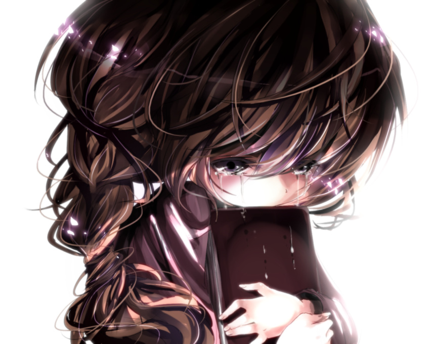 book, braid, brown_hair, crying, crying_with_eyes_open, emia, highres, holding