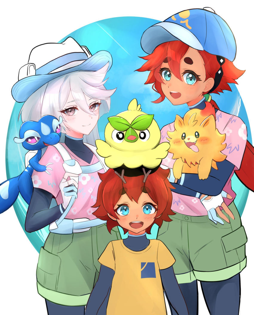 3girls, backpack, bag, blue_eyes, browt, commentary_request, cosplay, ericht_samaya, female_protagonist_(pokemon_ww), female_protagonist_(pokemon_ww)_(cosplay), gecqua, gloves, grey_eyes, grey_hair, gundam, gundam_suisei_no_majo, hat, highres, holding, holding_pokemon, long_hair, male_protagonist_(pokemon_ww), male_protagonist_(pokemon_ww)_(cosplay), miorine_rembran, multiple_girls, on_head, on_shoulder, partially_fingerless_gloves, pink_shirt, pokemon, pokemon_(creature), pokemon_on_head, pokemon_on_shoulder, pokemon_winds_and_waves, pokemon_ww, pombon, red_hair, shirt, short_hair, smile, starter_pokemon_trio, suletta_mercury, thick_eyebrows, xcua4574