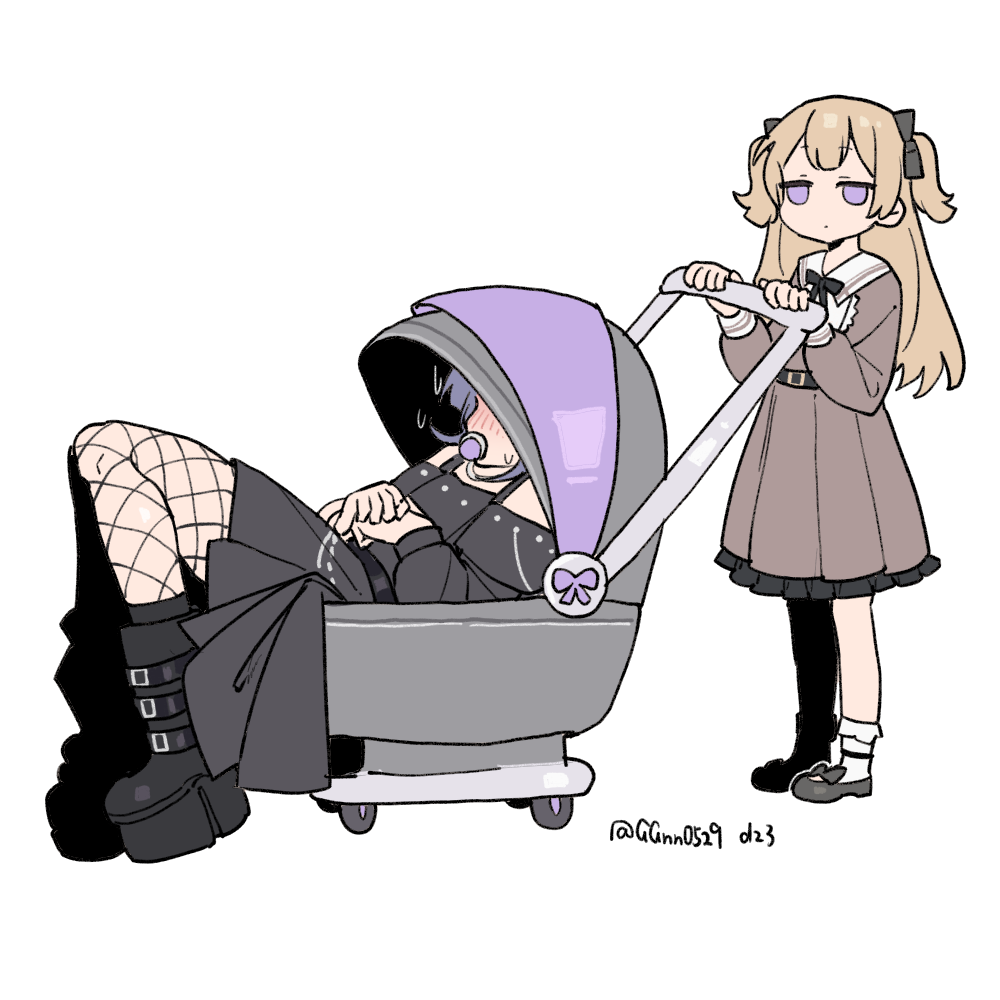 2girls, bang_dream!, bang_dream!_our_notes, black_dress, blonde_hair, blush, boots, brown_dress