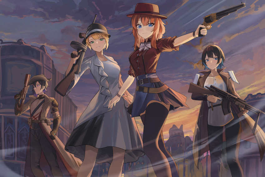 1boy, 3girls, avee_(silent_kookaburra), black_hair, black_hat, black_pants, black_thighhighs, blonde_hair