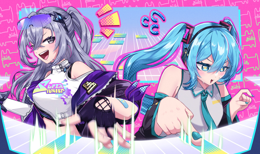 2girls, aqua_hair, aqua_necktie, black_gloves, black_sleeves, blush, commentary_request, crossover