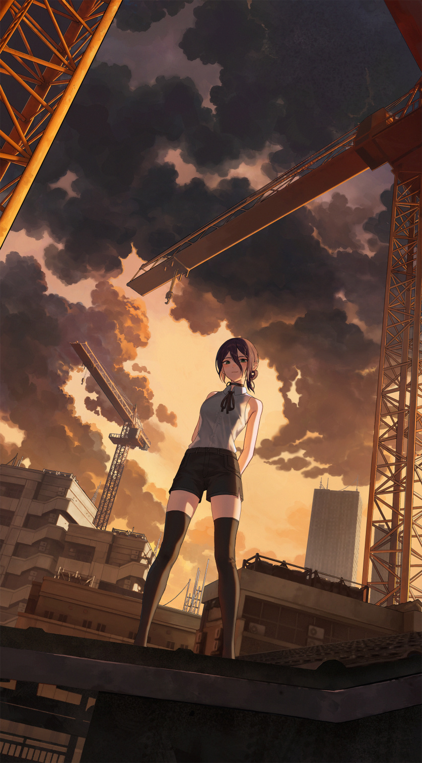 1girl, absurdres, arms_behind_back, bare_shoulders, black_choker, black_ribbon, black_shorts, black_thighhighs