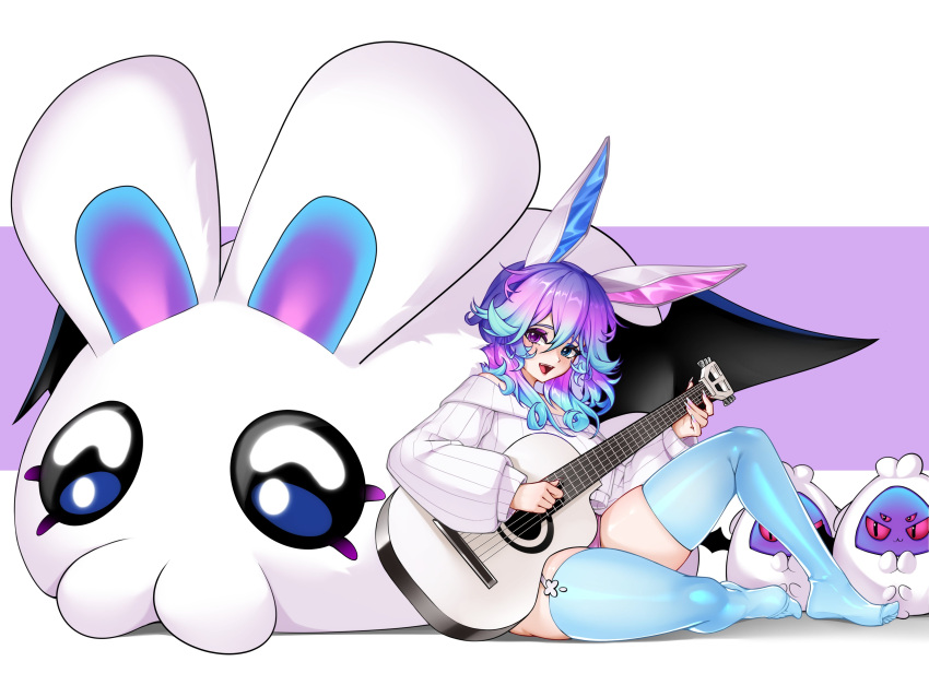 1girl, absurdres, animal_ears, blue_eyes, blue_hair, blue_thighhighs, commentary, cottontail_(vtuber)