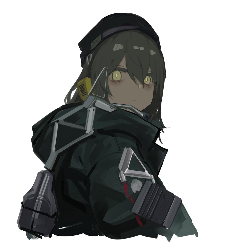 1girl, bag, bags_under_eyes, beanie, earpiece, green_hair, hat, reverse_collapse:_foxtrot