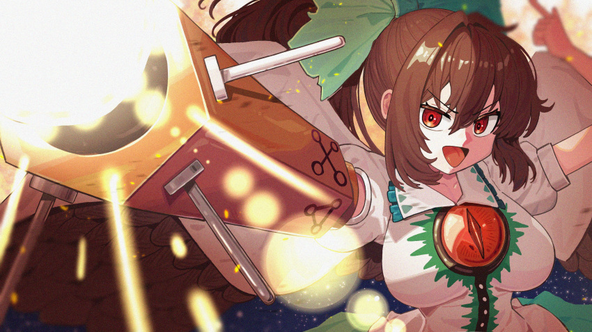 1girl, absurdres, arm_cannon, bow, breasts, brown_hair, cape, chest_eye