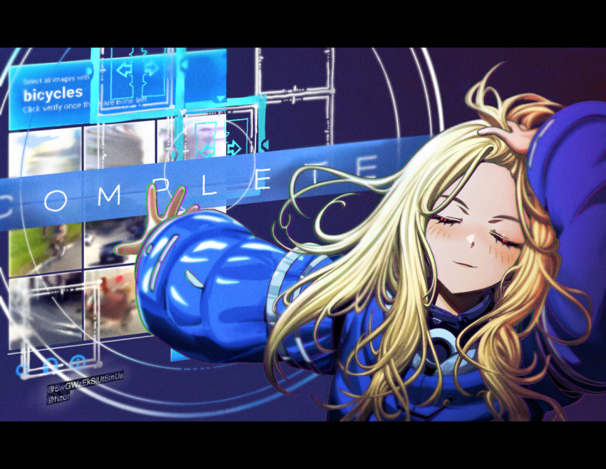 1girl, adjusting_hair, android, arm_up, artist_name, blonde_hair, blue_coat, blush, captcha, closed_eyes, closed_mouth, coat, commentary, diana_(pragmata), english_commentary, facing_viewer, gameplay_mechanics, hair_slicked_back, hand_on_own_head, hzor_(4422865), long_hair, long_sleeves, meme, naoya_hitting_choso_without_looking_(meme), outstretched_arm, padded_coat, pragmata, puffy_coat, puffy_long_sleeves, puffy_sleeves, solo