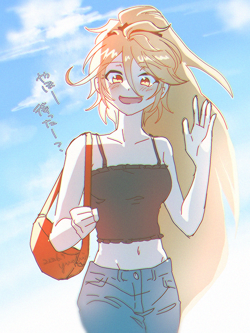 1girl, bag, blonde_hair, blush, bra, commentary_request, girls'_frontline_neural_cloud, girls_frontline, handbag, long_hair, nayota6324, orange_eyes, sol_(neural_cloud), summer, sunlight, underwear, waving