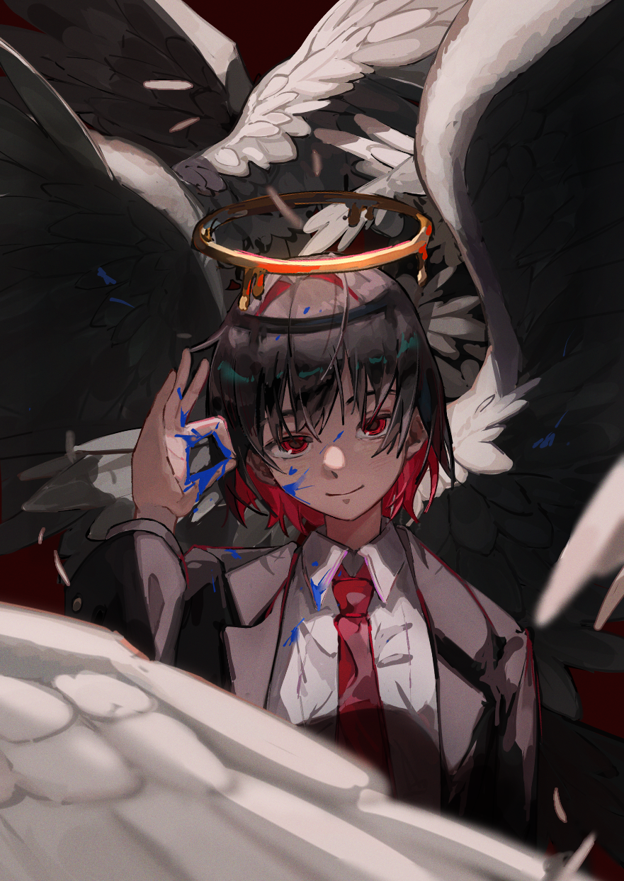 ambiguous_gender, angel, black_hair, blood, blood_on_clothes, blood_on_face, blood_on_hands, blue_blood