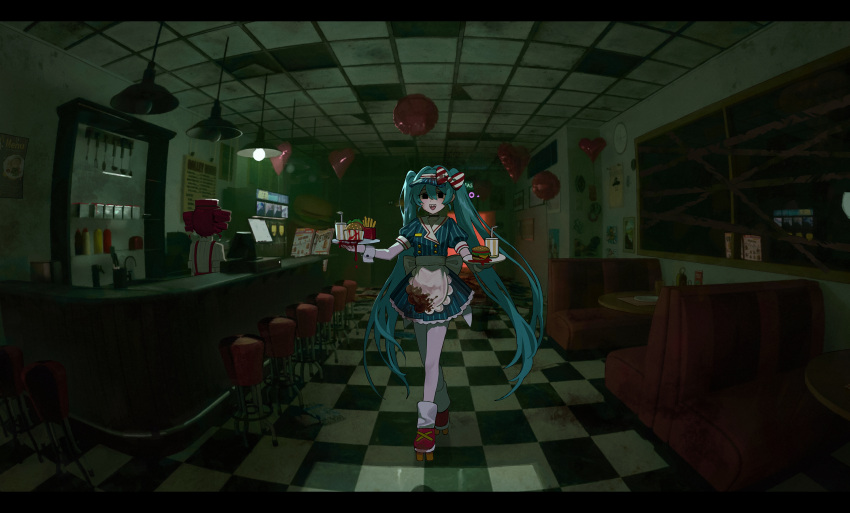 1girl, apron, balloon, bare_legs, black_eyes, blood, blood_on_clothes, blood_on_face, blue_hair, boarded_windows, burger, buttons, cash_register, clock, commentary_request, counter, cup, diner, double-breasted, dress, food, french_fries, hair_bow, hammi, hat, hatsune_miku, heart, highres, kasane_teto, ketchup_bottle, ladle, lamp, light_blush, long_hair, looking_at_viewer, menu, mesmerizer_(vocaloid), mustard, napkin, roller_skates, sharp_teeth, skates, solo, spatula, stool, teeth, tile_floor, tiles, twintails, vocaloid