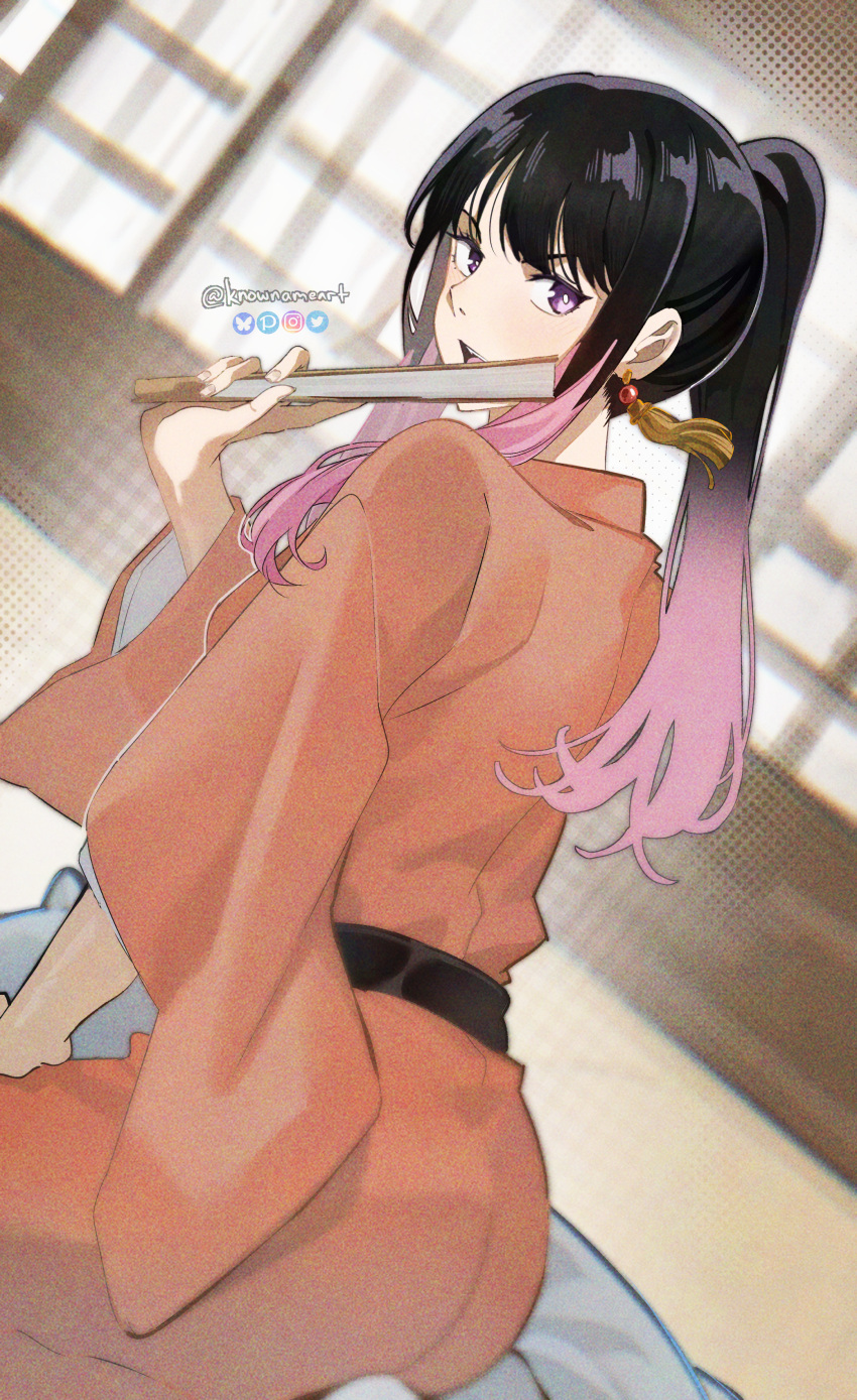 1girl, absurdres, akane-banashi, black_hair, black_sash, bluesky_logo, blurry, blurry_background