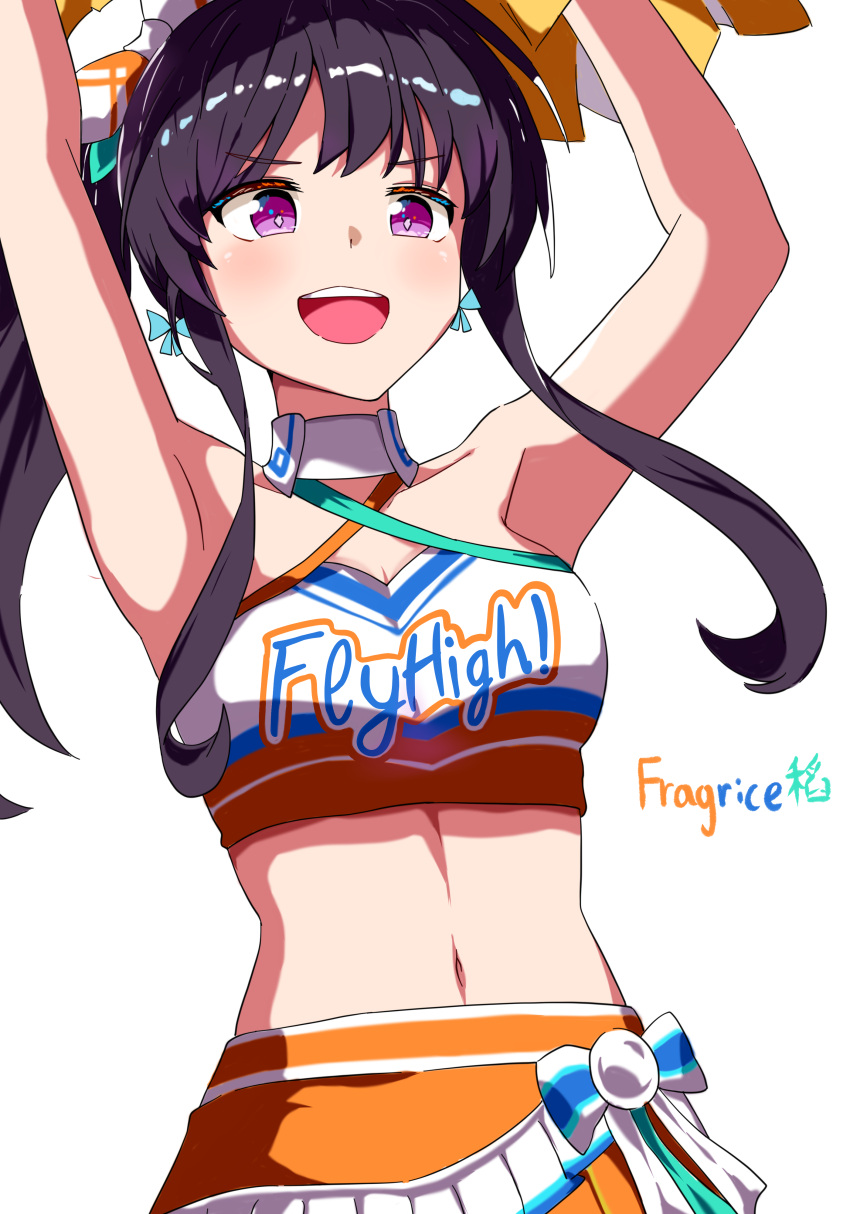1girl, :d, absurdres, armpits, arms_up, artist_name, blue_bow, blush