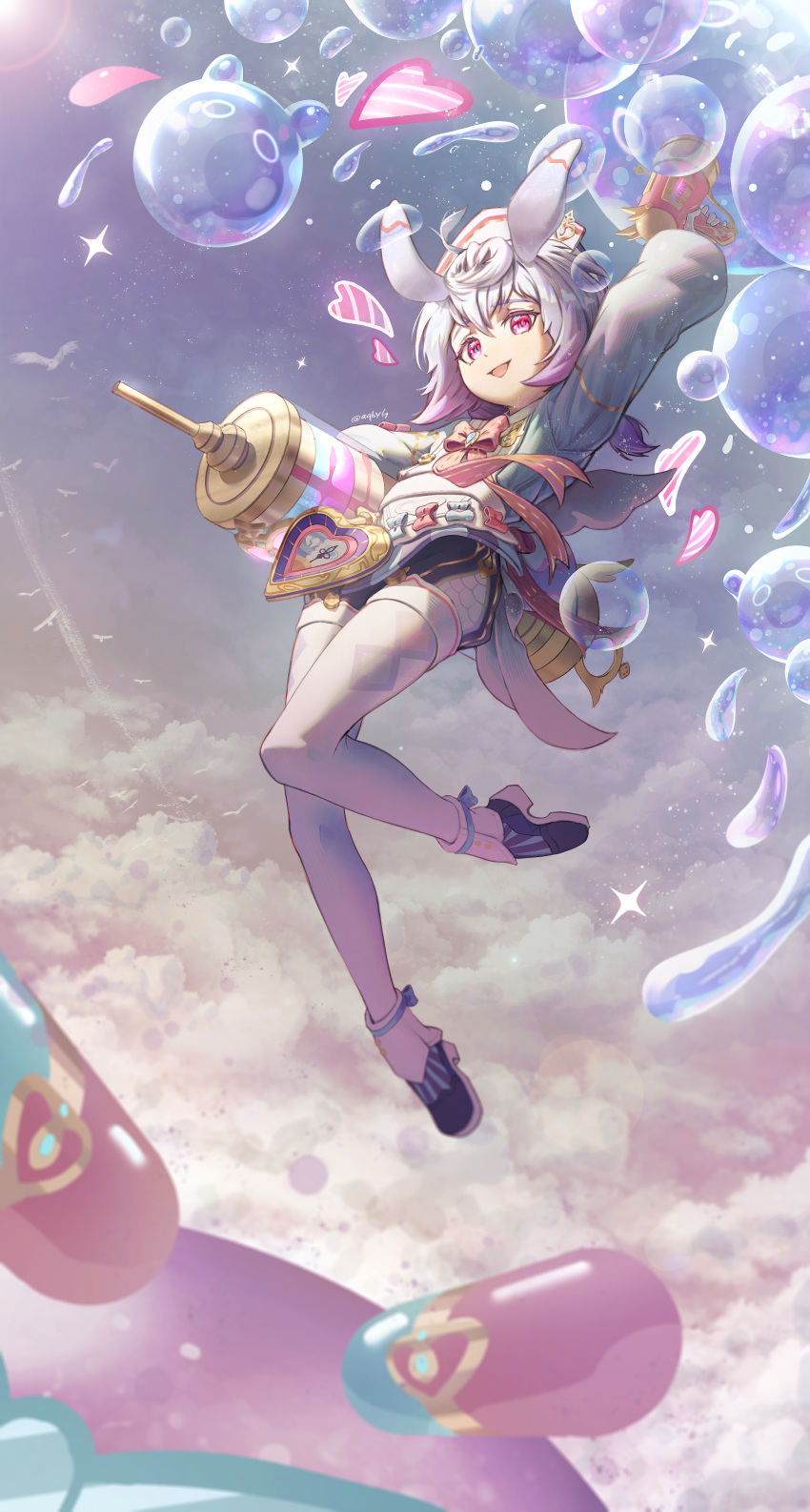 1girl, absurdres, aqby69, bird, blue_hair, blue_shirt, boots, bow