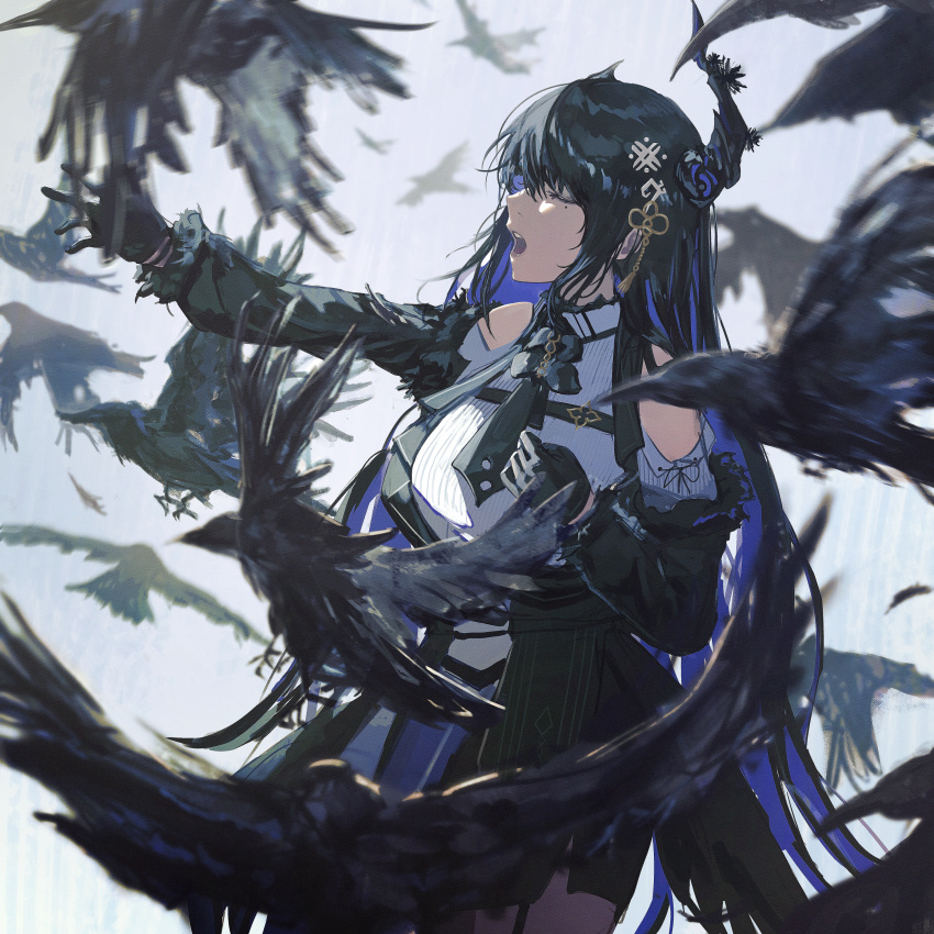 1girl, absurdres, asymmetrical_horns, bare_shoulders, bird, black_gloves, black_hair, black_necktie