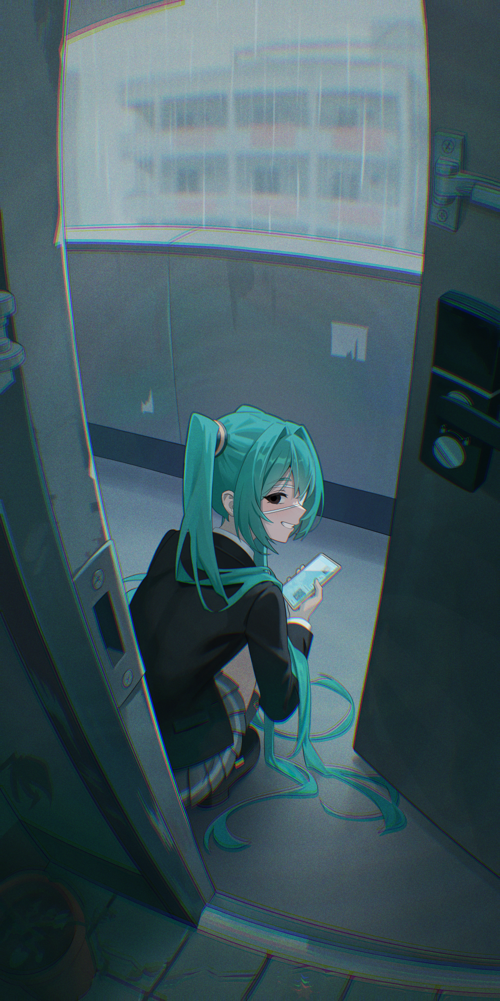 1girl, balcony, black_eyes, black_jacket, black_shoes, blue_hair, cellphone, collared_shirt