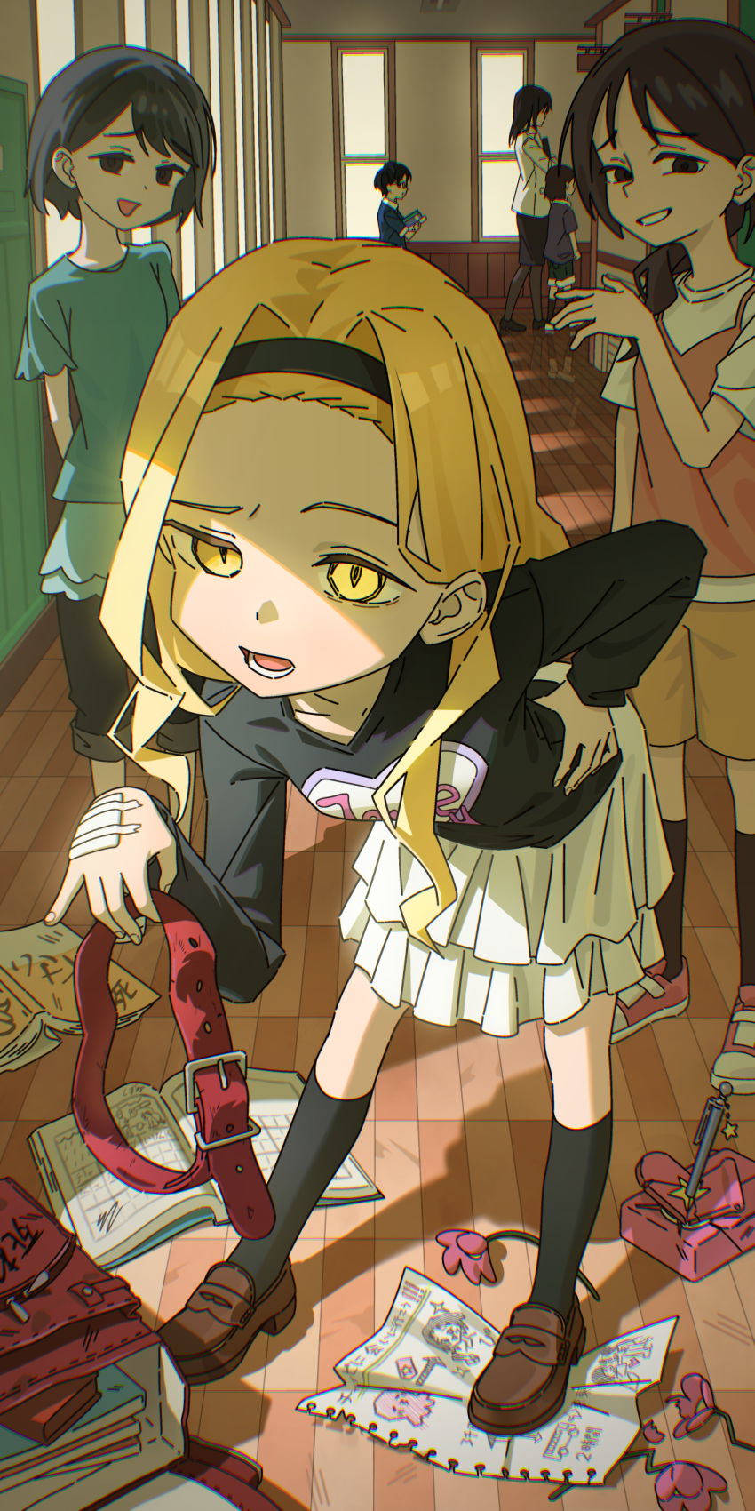5girls, absurdres, animal_collar, azuma_naoki, bag, bandaid, bandaid_on_hand, bent_over