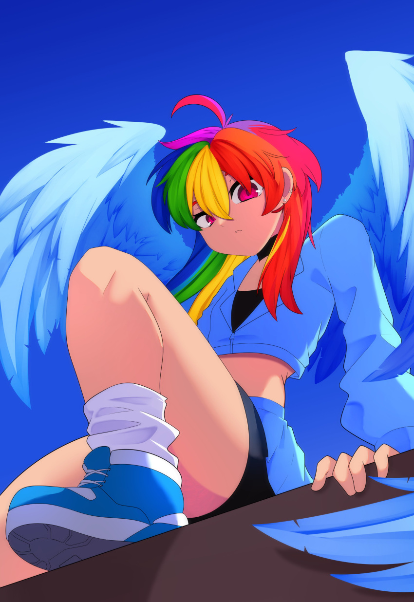 absurdres, alternate_skin_color, animification, black_shirt, blue_jacket, blue_skirt, blue_wings, commentary