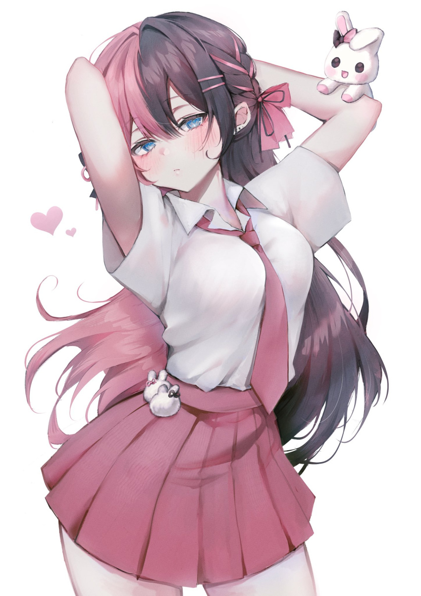 1girl, breasts, highres, long_hair, miniskirt, moy, necktie, pink_hair