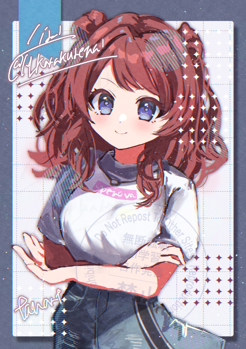 1girl, blue_eyes, blush, brown_hair, commentary, crossed_arms, denim, denim_skirt