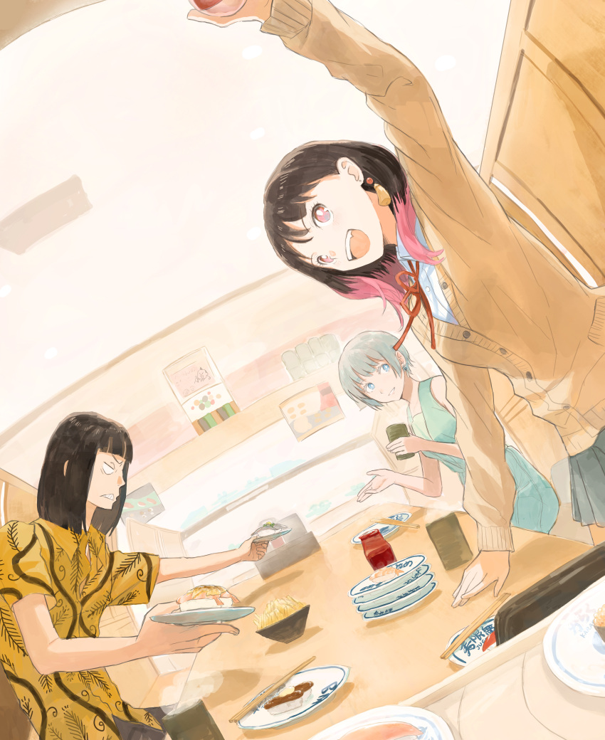 1boy, 2girls, absurdres, akane-banashi, black_hair, blue_dress, blue_eyes, chopsticks