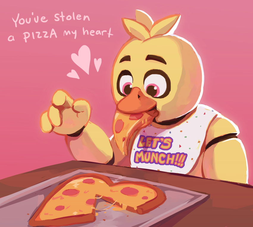 1girl, 482egg, beak, bib, bird_girl, chica, chicken_girl, clothes_writing