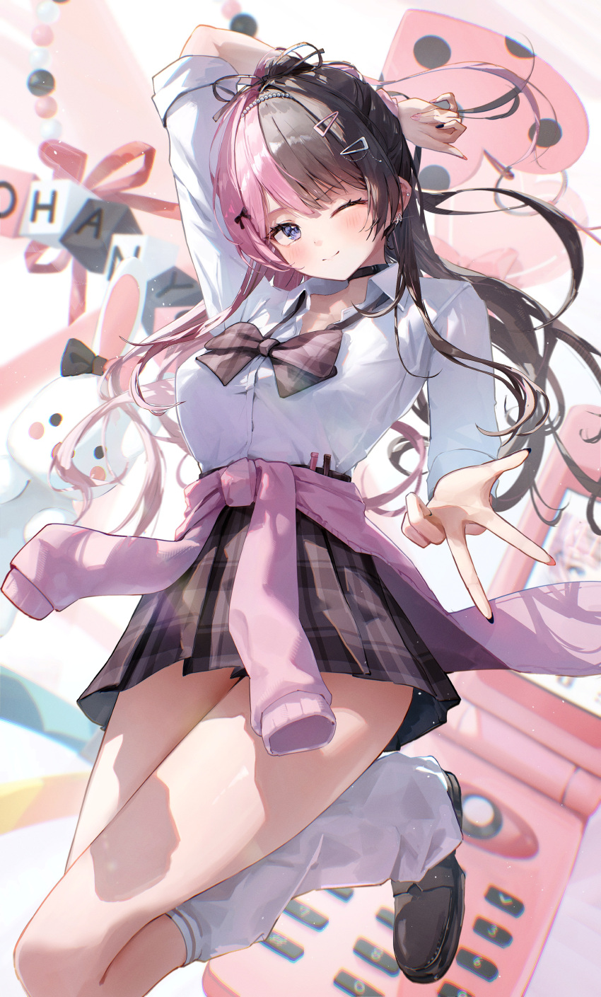 1girl, absurdres, breasts, choker, commentary, gyaru, highres, long_hair, miniskirt, muchi2p, necktie, pink_hair, ribbon, school_uniform, skirt, stuffed_animal, stuffed_rabbit, stuffed_toy, tachibana_hinano, tachibana_hinano_(school_uniform), thighs, untranslatable_commentary, virtual_youtuber, vspo!