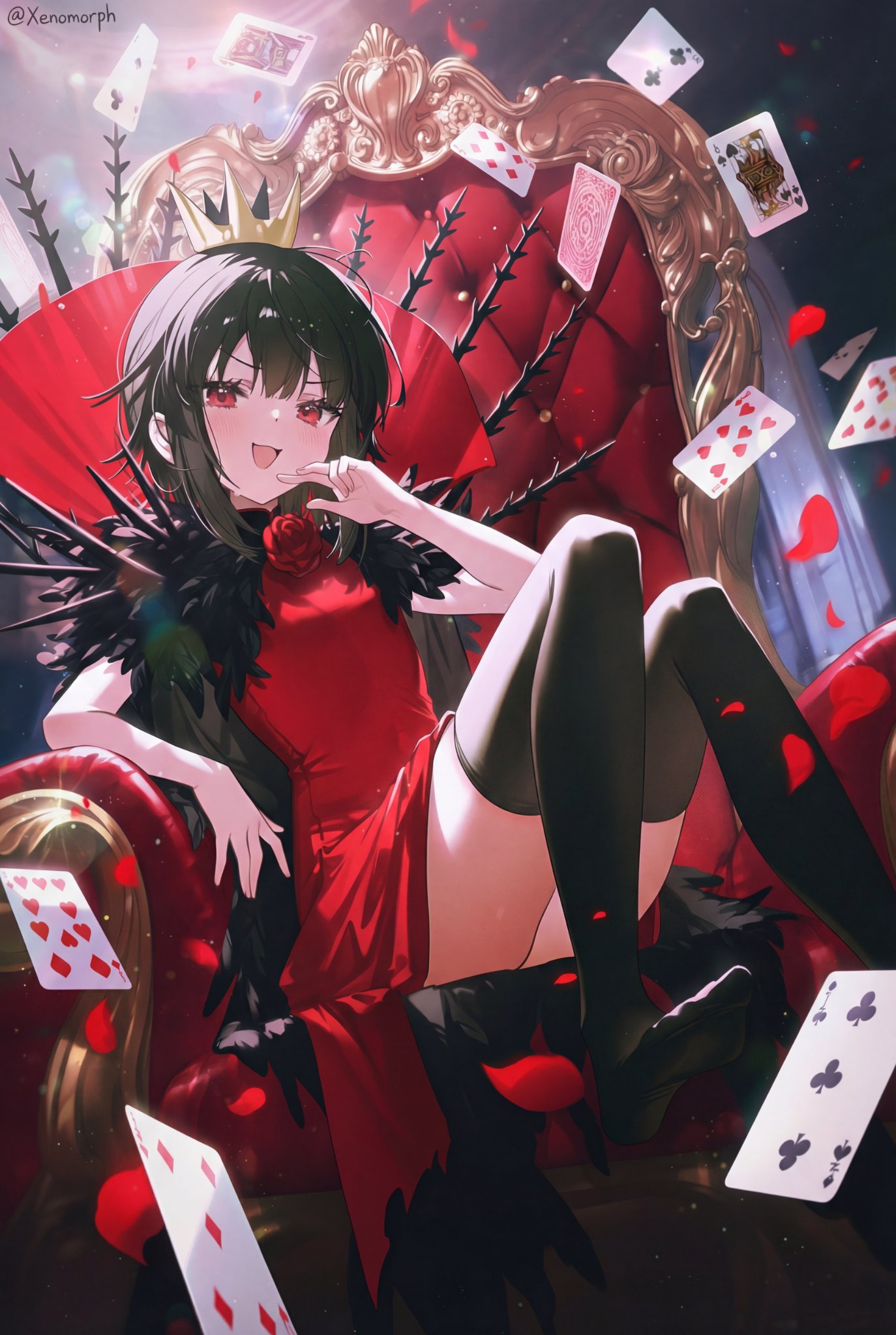 1girl, bare_hips, black_hair, black_pantyhose, black_souls, black_souls_2, black_thighhighs, cape, card, commentary_request, crown, dress, feet, flower, foot_focus, fur_cape, fur_trim, highres, looking_at_viewer, lorina_(black_souls), pantyhose, playing_card, queen, raised_hips, red_dress, red_eyes, red_flower, red_rose, rose, short_hair, sitting, thigh-highs, xenomorph-121