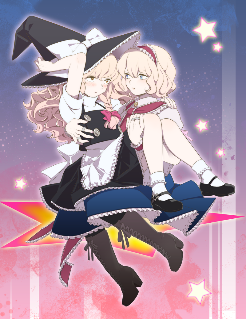 alice_margatroid, black_legwear, blonde_hair, blue_eyes, blush, bobby_socks, boots, carrying