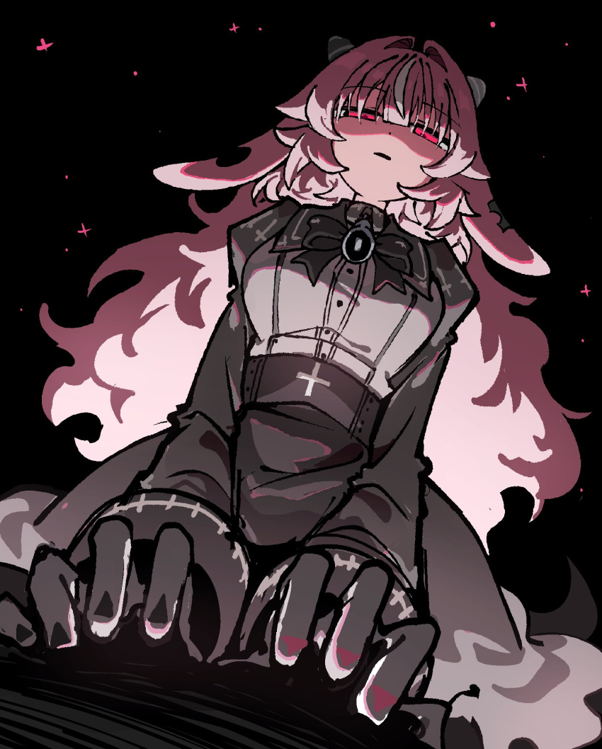 1girl, animal_ears, bell, black_background, black_bow, black_bowtie, black_gloves, black_skirt