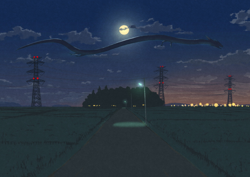 adversarial_noise, city_lights, clouds, commentary_request, dragon, dragon_horns, flying, forest, full_moon, grass, highres, horns, kaiju, lamppost, manda_(godzilla), moon, nature, night, no_humans, open_mouth, outdoors, perori_(peroringa), power_lines, rice_paddy, road, scenery, silhouette, street, summer, toho_(movie_company), tree, utility_pole