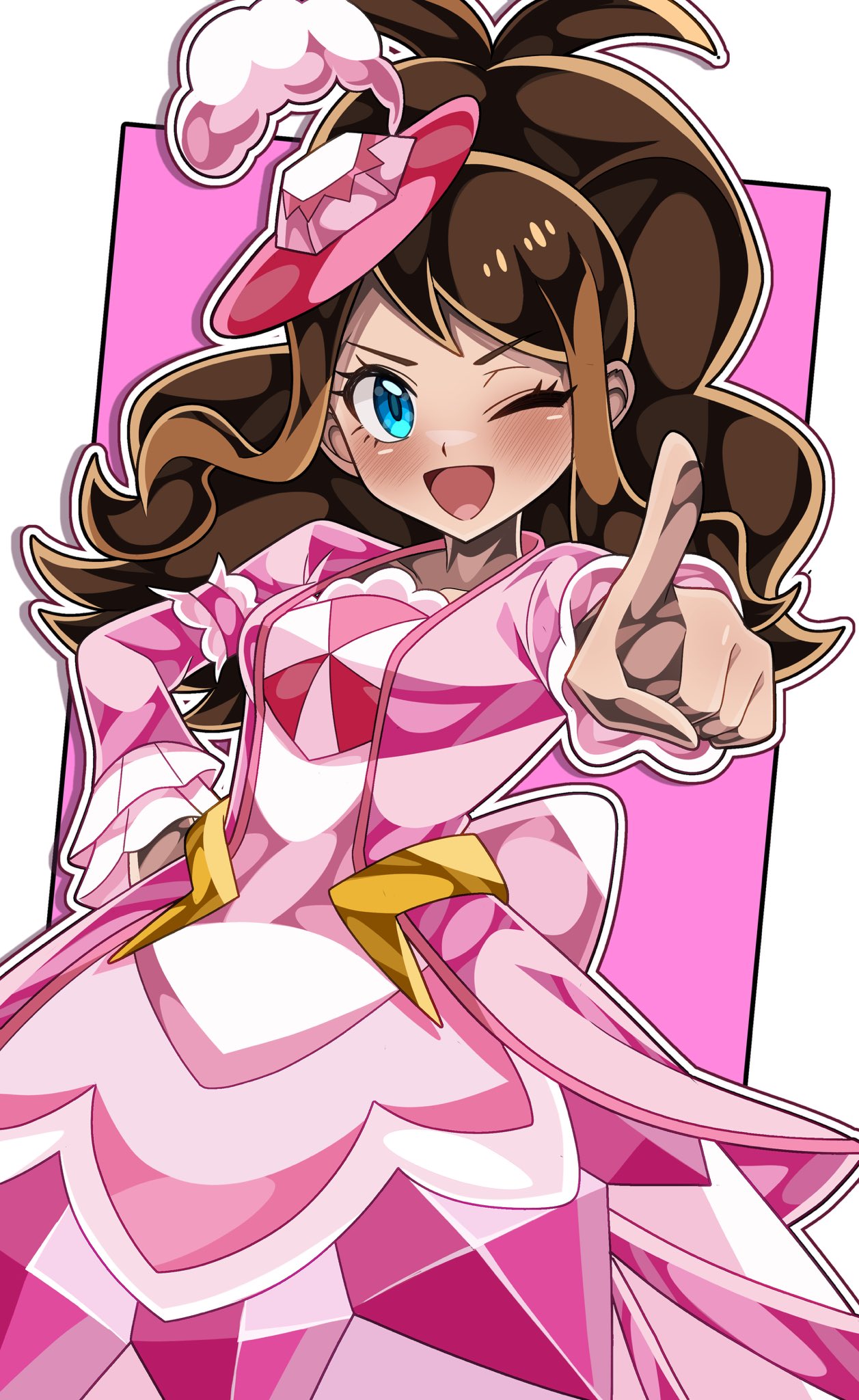 :d, alternate_costume, arm_garter, blue_eyes, blush, brown_hair, coat, commentary_request