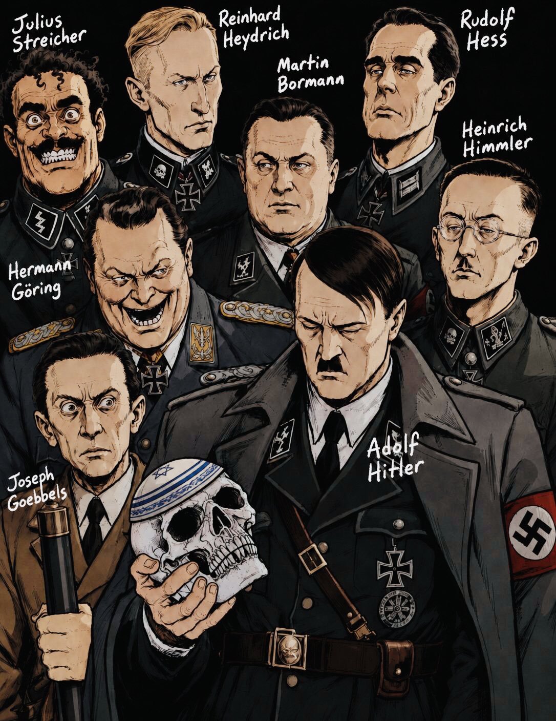 6+boys, adolf_hitler, ai-generated, armband, black_background, black_jacket, black_necktie, blonde_hair