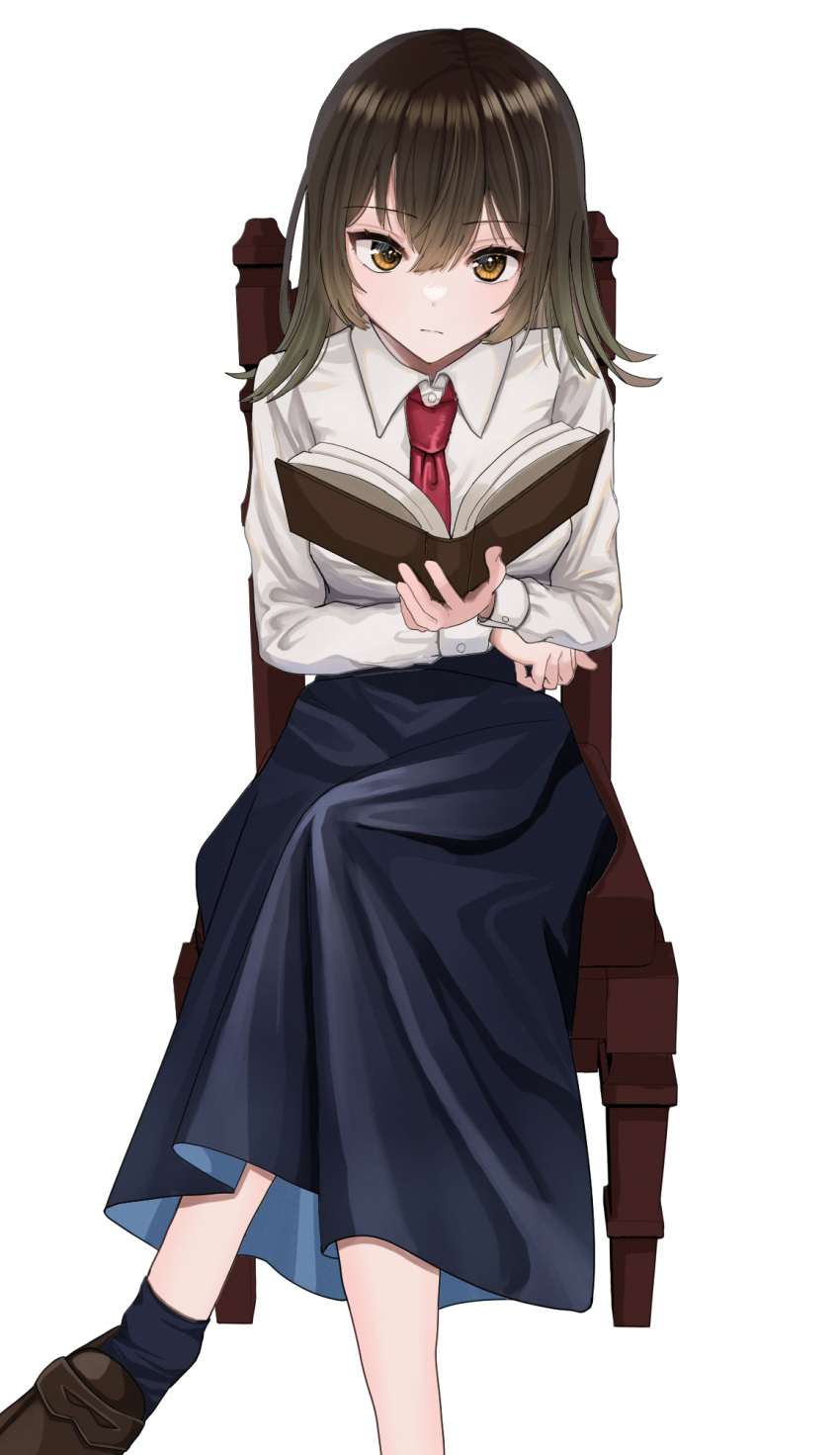 1girl, black_skirt, black_socks, brown_eyes, brown_hair, brown_shoes, chair, closed_mouth