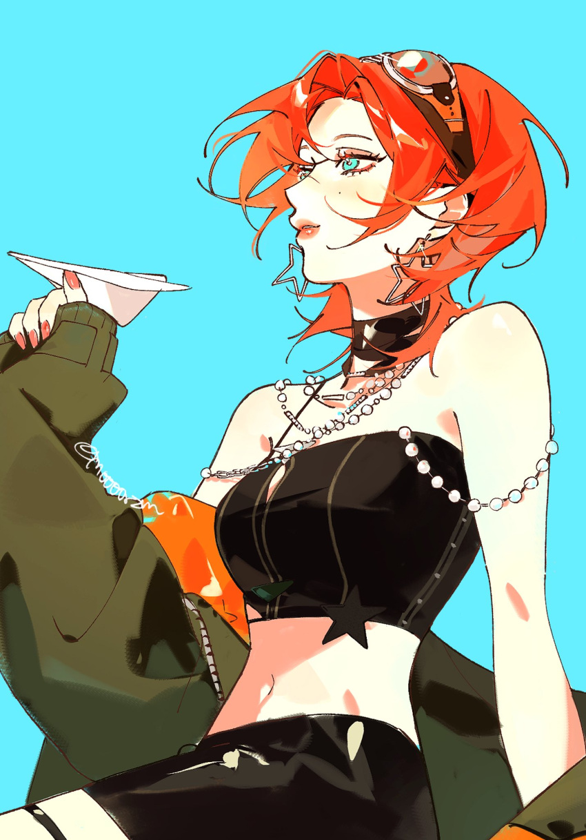 1girl, aqua_eyes, black_choker, black_skirt, black_tube_top, blue_background, brown_goggles, choker