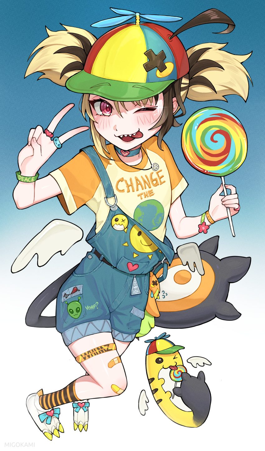 1girl, absurdres, ahoge, alternate_costume, bandaid, bandaid_on_leg, baseball_cap, black_hair, black_socks, black_tail, blonde_hair, blue_background, candy, choker, commentary, denim, denim_overalls, detached_wings, earth_(planet), english_commentary, english_text, familiar, food, full_body, gigi_murin, glint, gradient_background, grem_(gigi_murin), hair_through_headwear, hat, highres, holding, holding_candy, holding_food, holding_lollipop, hololive, hololive_english, jewelry, lollipop, looking_at_viewer, low_wings, meme, migokami, multicolored_hair, multiple_rings, one_eye_closed, open_mouth, orange_shirt, orange_socks, overalls, planet, print_shirt, propeller_hat_and_lollipop_dog_(meme), red_eyes, ring, sharp_teeth, shirt, shoes, sidelocks, single_off_shoulder, smile, socks, striped_clothes, striped_socks, tail, teeth, tongue, tongue_out, twintails, two-tone_hair, two-tone_socks, v, white_background, white_shoes, wings