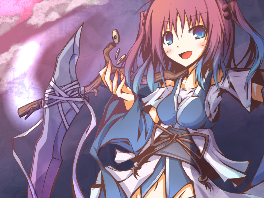 alternate_weapon, blue_eyes, bust, coin, hair_bobbles, hair_ornament, ichiyan, mound_of_venus