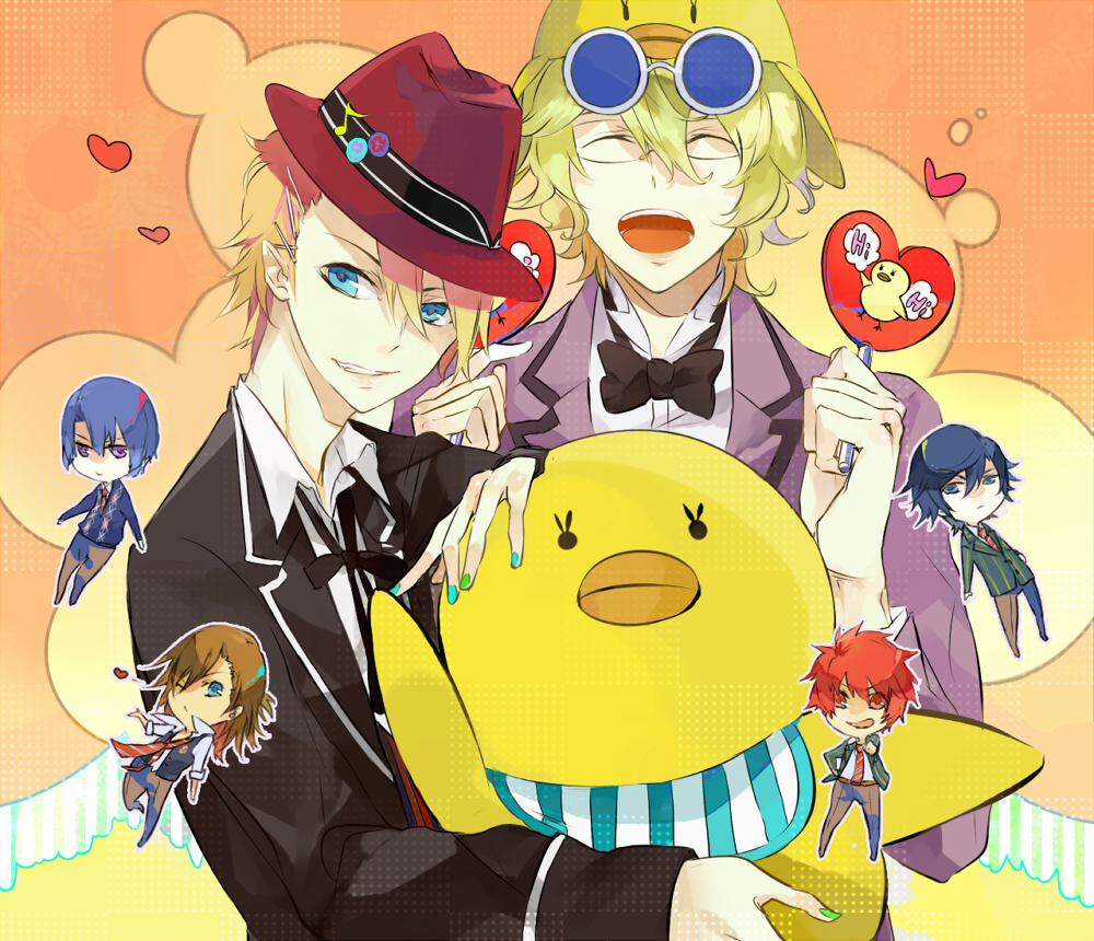 animal, bird, blonde_hair, blue_eyes, blue_hair, brown_hair, duck, glasses
