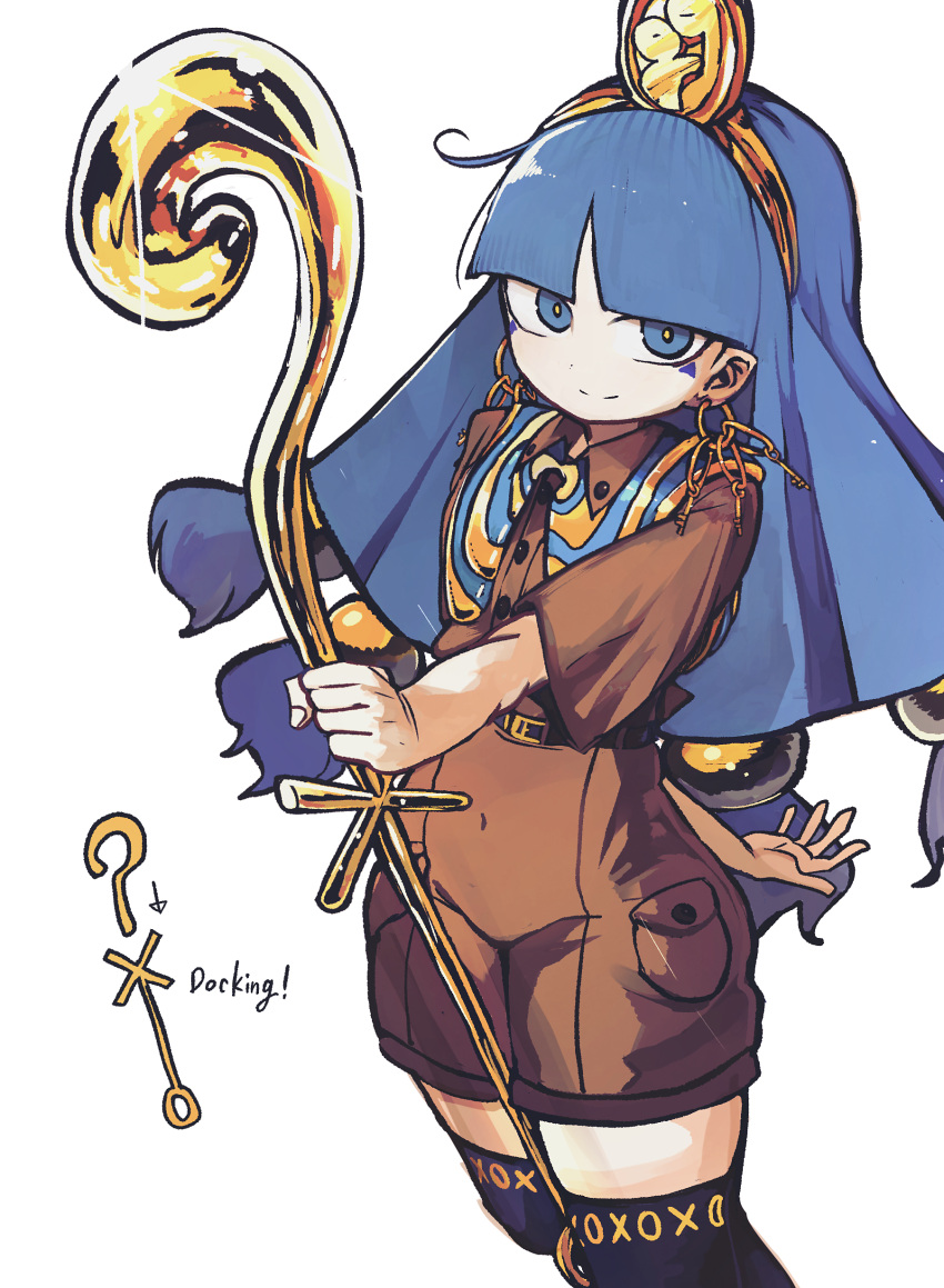 1girl, absurdres, belt, black_belt, black_thighhighs, blue_eyes, blue_hair, boots, brown_boots, brown_shirt, brown_shorts, buttons, closed_mouth, collared_shirt, commentary_request, earrings, english_text, facial_mark, gold_hairband, hair_ornament, hairband, highres, holding, holding_scepter, holding_staff, jewelry, key_earrings, long_hair, looking_at_viewer, low-tied_long_hair, michigami_nareko, piaki, pocket, scepter, shirt, shorts, simple_background, smile, solo, sphere_hair_ornament, staff, thigh-highs, touhou, triangle, triangle_facial_mark, upper_body, white_background, wing_collar
