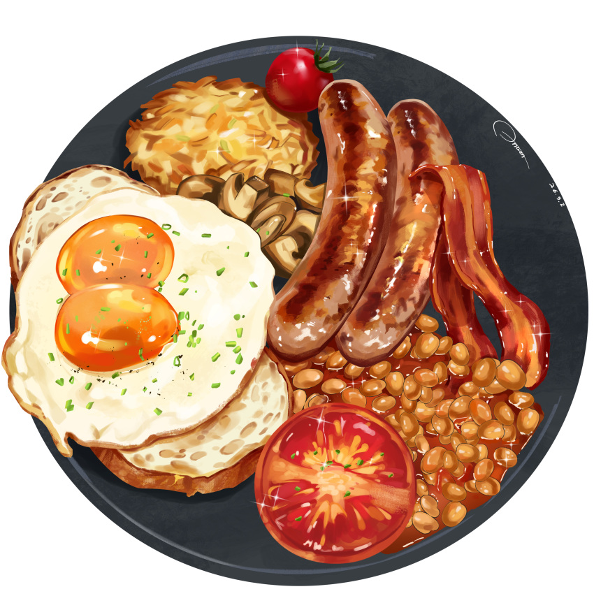 absurdres, anaen, bacon, beans, bread, commentary_request, egg_(food), food