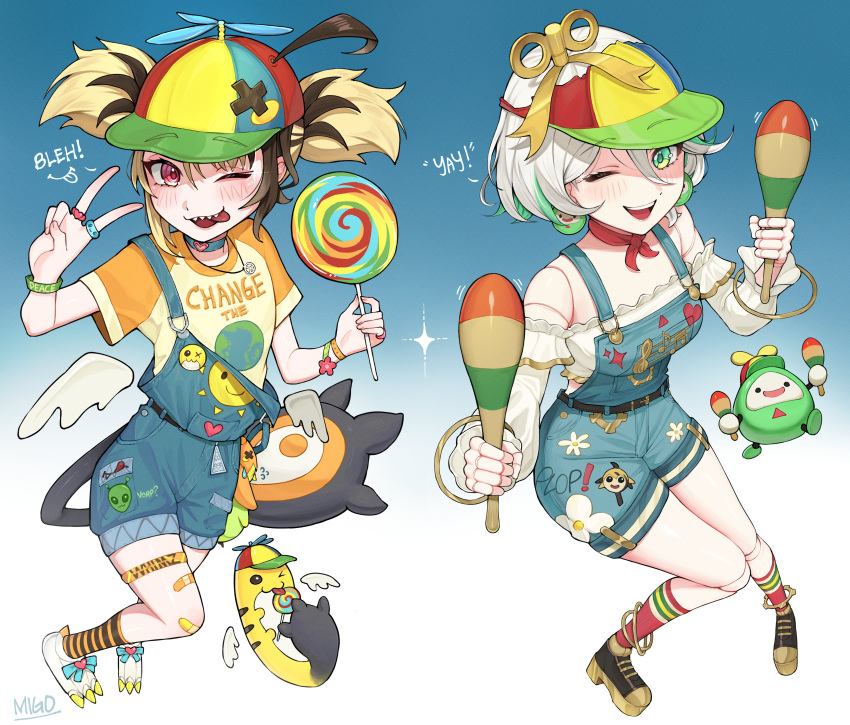 2girls, ;d, absurdres, ahoge, alternate_costume, bandaid, bandaid_on_leg, baseball_cap, black_hair, black_shoes, black_socks, black_tail, blonde_hair, blue_background, blue_overalls, braid, candy, cecilia_immergreen, choker, colored_inner_hair, commentary, cropped_shirt, denim, denim_overalls, detached_wings, doll, doll_joints, double-parted_bangs, earrings, earth_(planet), english_commentary, english_text, familiar, food, frilled_shorts, frills, full_body, gigi_murin, glint, gradient_background, green_eyes, green_hair, grem_(gigi_murin), grey_hair, hair_between_eyes, hair_ornament, hair_through_headwear, hat, highres, holding, holding_candy, holding_food, holding_instrument, holding_lollipop, holding_maracas, hololive, hololive_english, instrument, jewelry, joints, lollipop, looking_at_viewer, low_wings, maracas, meme, migokami, multicolored_hair, multicolored_hat, multiple_girls, multiple_rings, off-shoulder_shirt, off_shoulder, one_eye_closed, open_mouth, orange_shirt, orange_socks, otomo_(cecilia_immergreen), overall_shorts, overalls, planet, platform_shoes, print_shirt, propeller_hat_and_lollipop_dog_(meme), red_eyes, red_socks, ring, sharp_teeth, shirt, shoes, short_hair, shorts, side_braid, sidelocks, single_braid, single_off_shoulder, smile, socks, streaked_hair, striped_clothes, striped_socks, tail, talking, teeth, tongue, tongue_out, twintails, two-tone_hair, two-tone_socks, upper_teeth_only, v, virtual_youtuber, white_background, white_hair, white_shirt, white_shoes, winding_key, wings