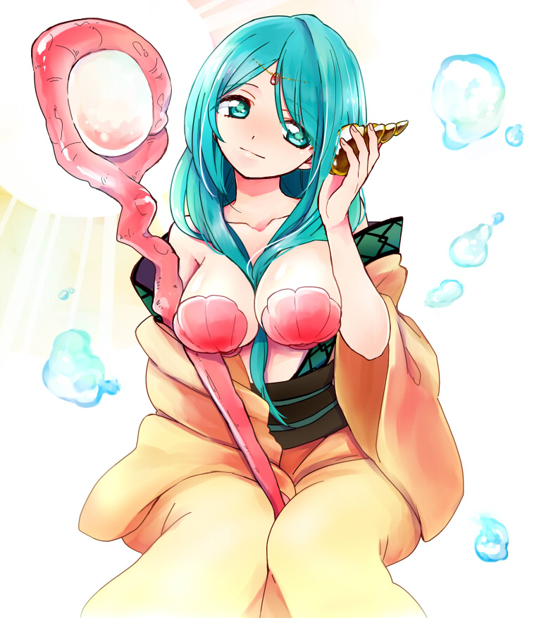 aqua_eyes, aqua_hair, bare_shoulders, breasts, front_ponytail, long_hair, magi_the_labyrinth_of_magic, no_hat, no_headwear, omari, seashell, shell, shell_bikini, shell_to_ear, solo, staff, yamuraiha
