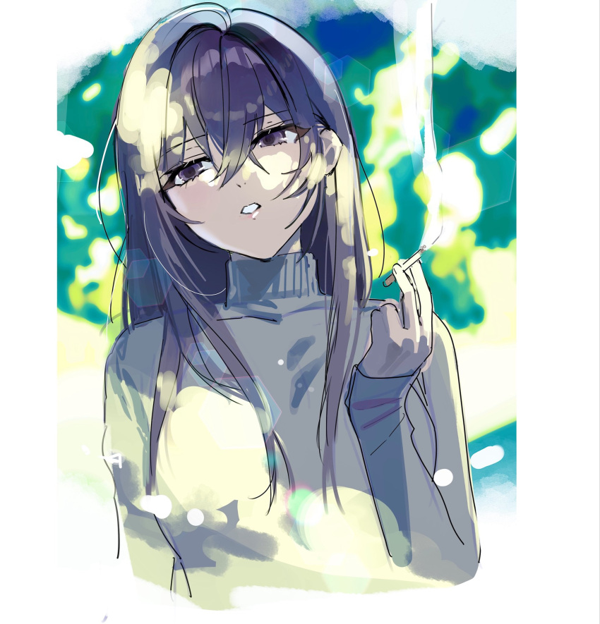 1girl, blue_eyes, blurry, blurry_background, cigarette, commentary_request, dappled_sunlight, gujyo_kanade