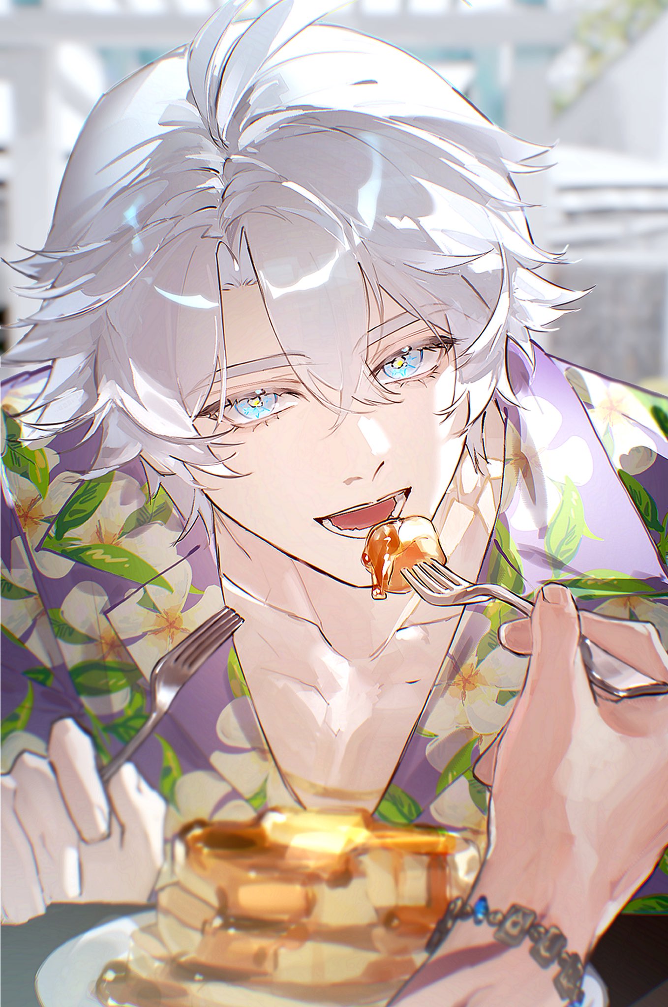 2boys, antenna_hair, arm_tattoo, blue_eyes, collared_shirt, commentary_request, feeding, floral_print_shirt, food, fork, glazed108642, highres, holding, holding_fork, honkai:_star_rail, honkai_(series), korean_commentary, looking_at_viewer, male_focus, multiple_boys, mydei_(honkai:_star_rail), neck_tattoo, open_mouth, pancake, pancake_stack, parted_bangs, phainon_(honkai:_star_rail), pov, pov_hands, purple_shirt, red_tattoo, shirt, short_hair, solo_focus, sun_symbol, sun_tattoo, tattoo, teeth, white_hair