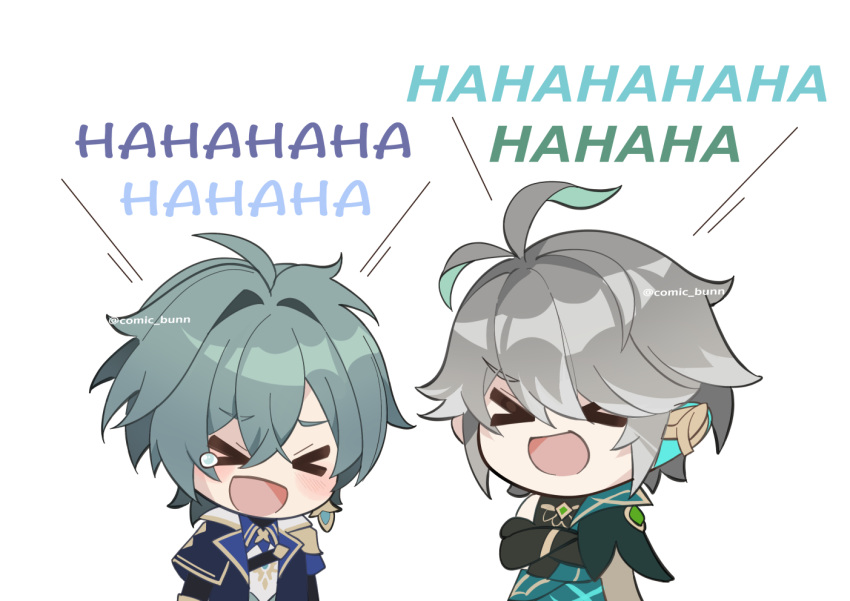 >_<, 2boys, ahoge, alhaitham_(genshin_impact), antenna_hair, armor, belt, black_belt