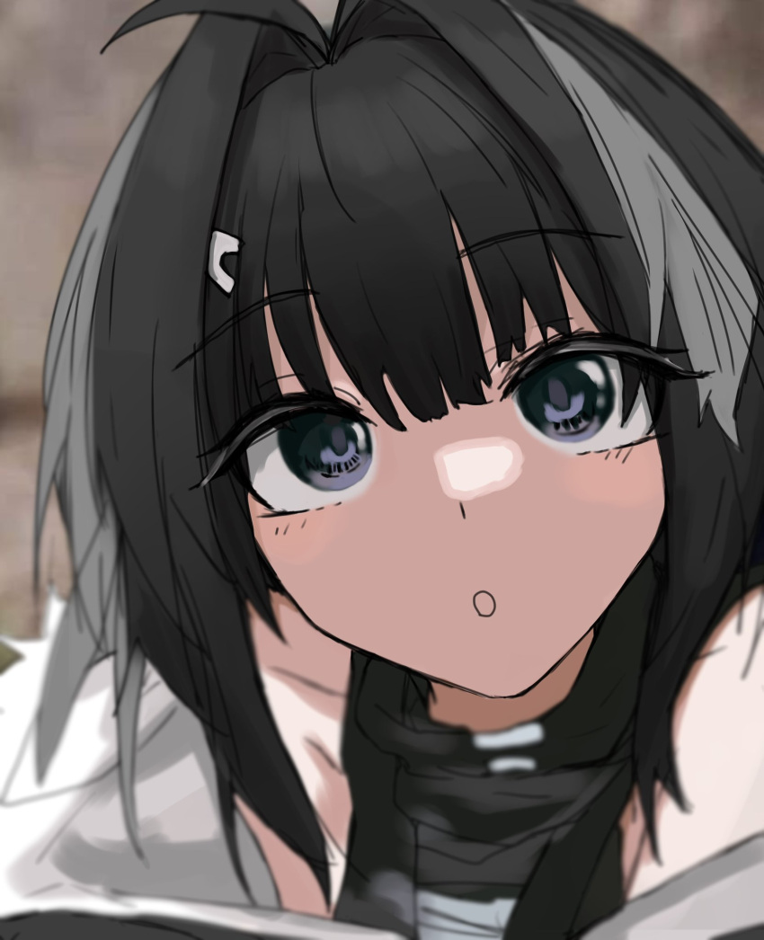 1girl, :o, ahoge, arknights, bare_shoulders, black_hair, black_shirt, blue_eyes