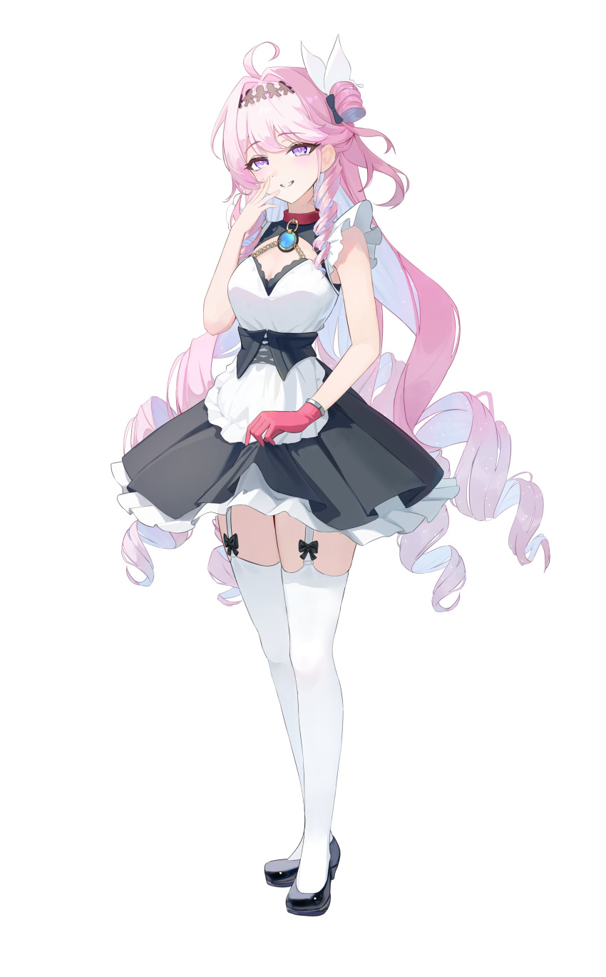 1girl, absurdres, ahoge, apron, black_dress, black_shoes, breasts, colored_inner_hair