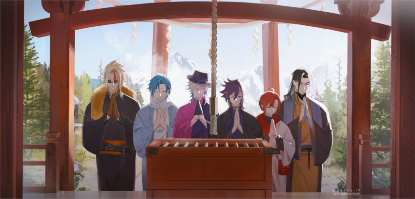 6+boys, ahoge, alternate_costume, axel_syrios, bag, banzoin_hakka, belt, black_choker