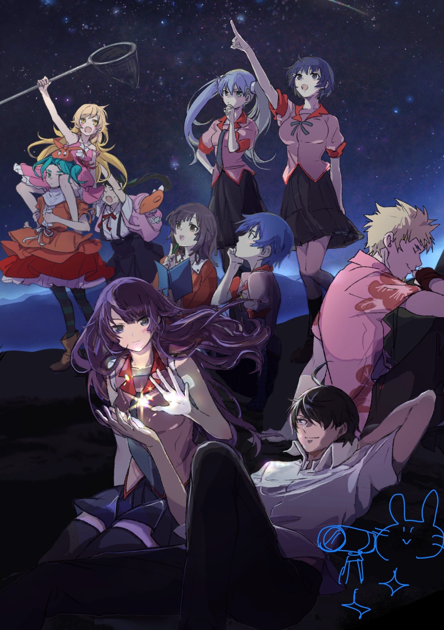 2boys, 6+girls, :d, ahoge, aqua_eyes, aqua_hair, aqua_thighhighs, araragi_koyomi