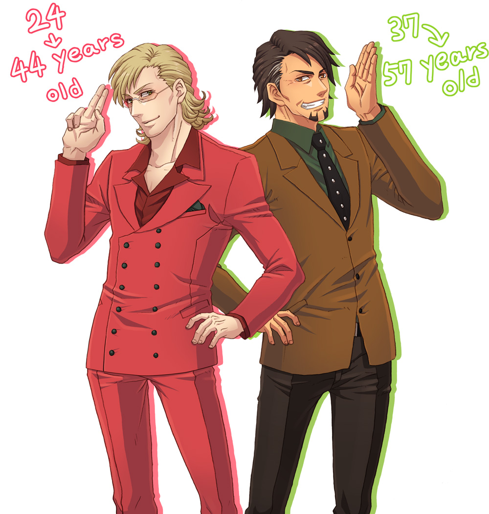 barnaby_brooks_jr, blonde_hair, brown_eyes, brown_hair, facial_hair, formal, glasses, green_eyes